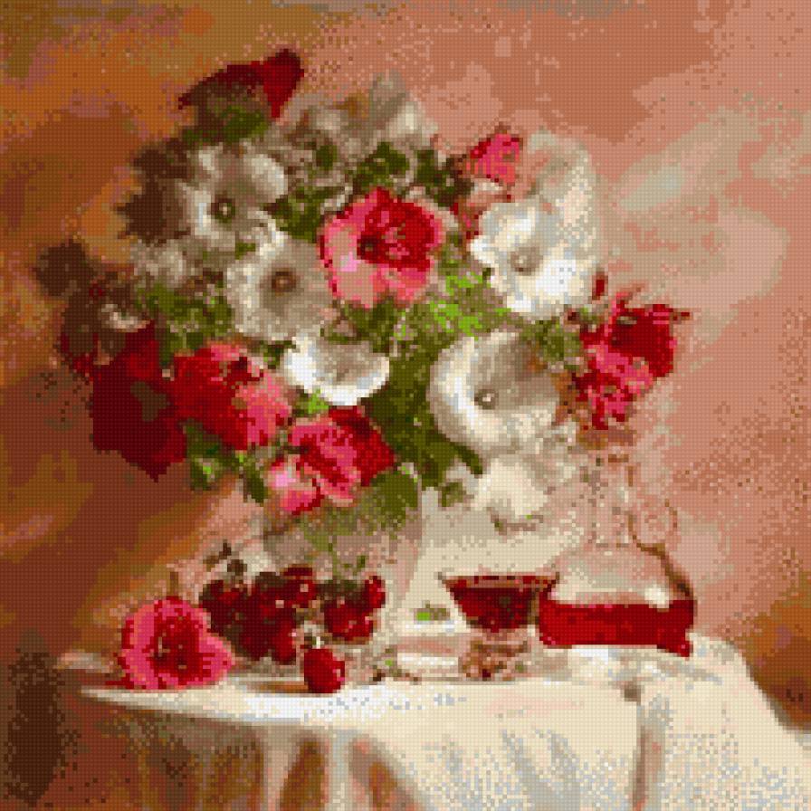 Натюрморт с петуниями - петунии, натюрморт, красный, цветы - предпросмотр