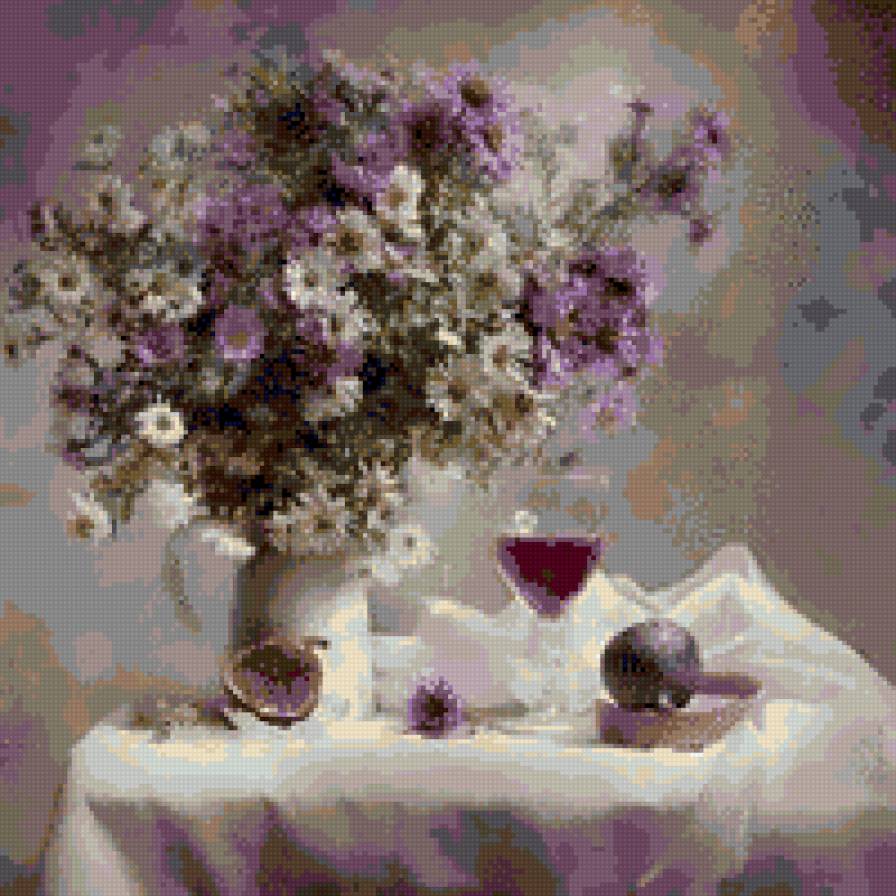 Натюрморт с бокалом - цветы, бокал, сиреневый, натюрморт - предпросмотр