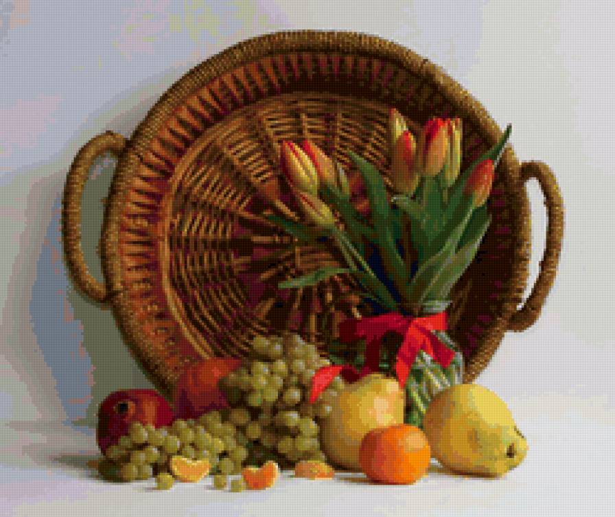 натюрморт - цветы, фрукты, яблоки, натюрморт, груши, тюльпаны - предпросмотр