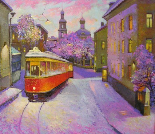 Серия "Городской пейзаж" - пейзаж, город, домик, зима, трамвай - оригинал