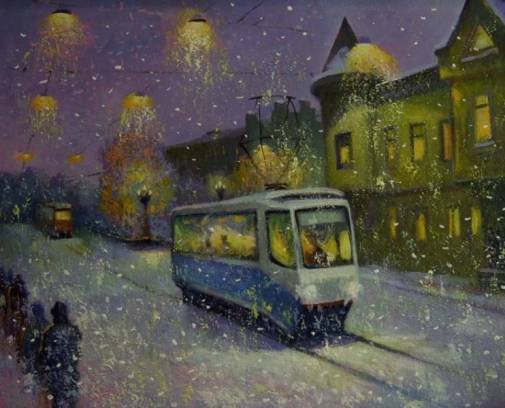 Серия "Городской пейзаж" - домик, зима, трамвай, пейзаж, люди, город - оригинал