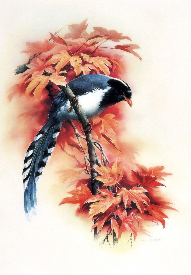 "Птицы"  Зенг Ксиао Лиан - птицы, цветы, акварель, живопись, птица, природа - оригинал