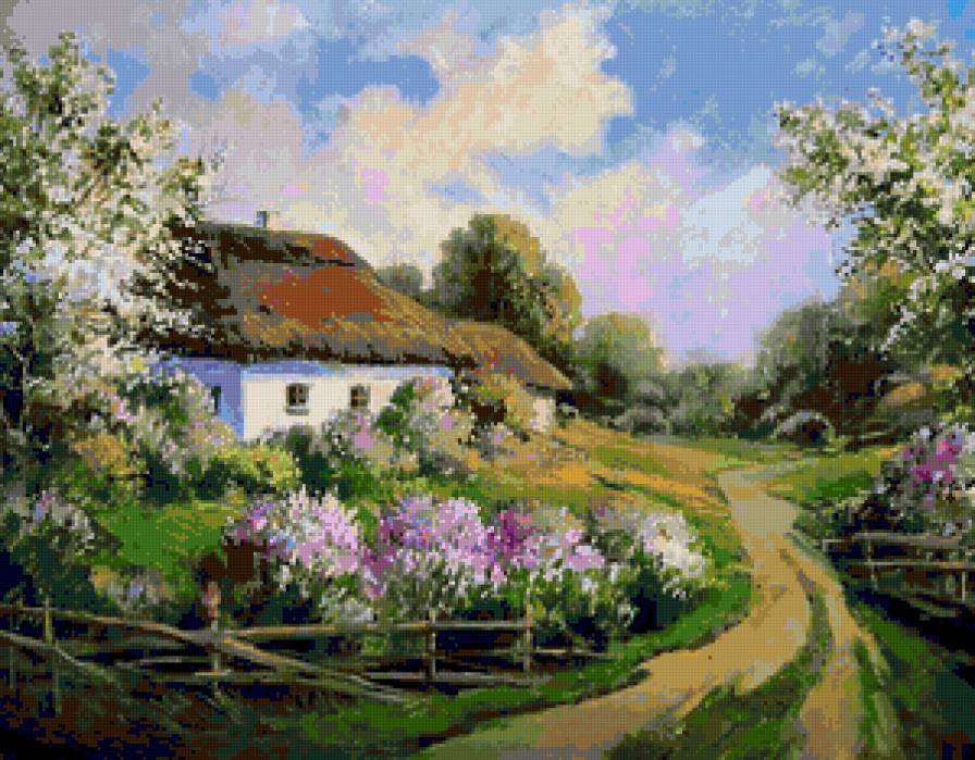 Деревенька - лето, весна, пейзаж, природа, деревня, красота, домики, цветы - предпросмотр