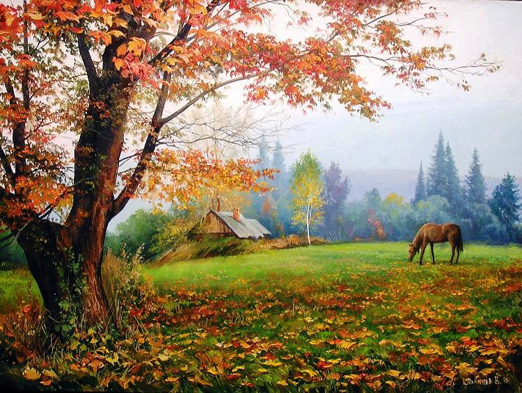 Осень - природа, березки, искусство, пейзаж, лошадки, красота, осень - оригинал