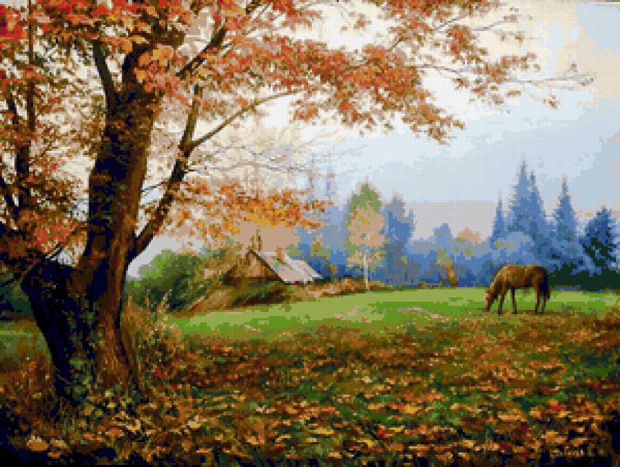 Осень - березки, красота, пейзаж, природа, осень, искусство, лошадки - предпросмотр