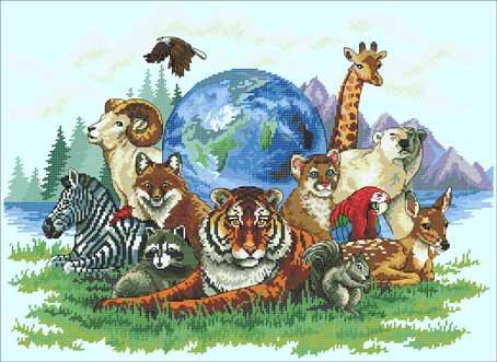 картина - тигр, зебра, медведь, природа, жираф, птицы, животные, земля - оригинал