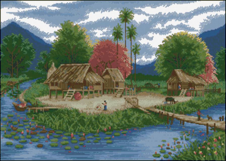 островок - природа, избушка, пейзаж, картина, домик, дом - предпросмотр