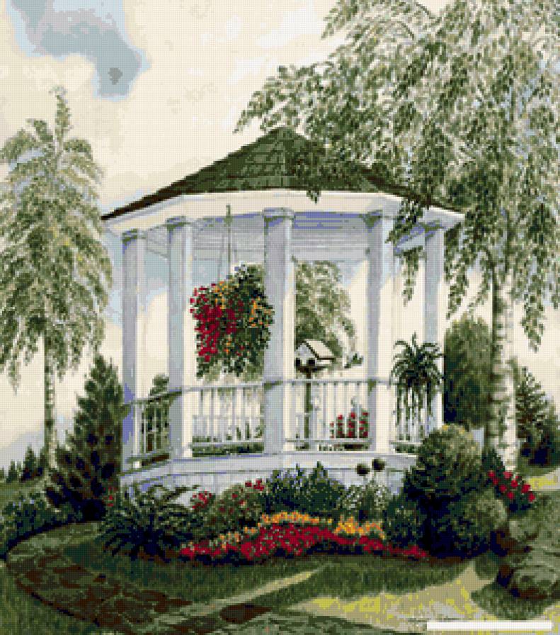 Серия "Пейзажи" - беседка, букет, цветы, лето, пейзаж - предпросмотр