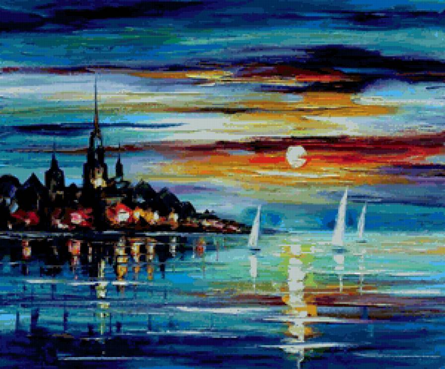 Ночной город. Вид с моря - корабли, город, море, закат, пейзаж - предпросмотр