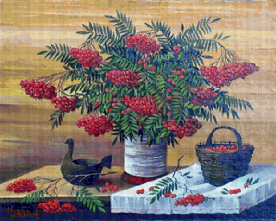 Букет рябины - на столе, рябина, русское, ваза, натюрморт, букет, скатерть - предпросмотр