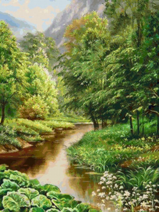 Лес - речка, лес, горы, лето, пейзаж, зелень, ручей, природа - предпросмотр