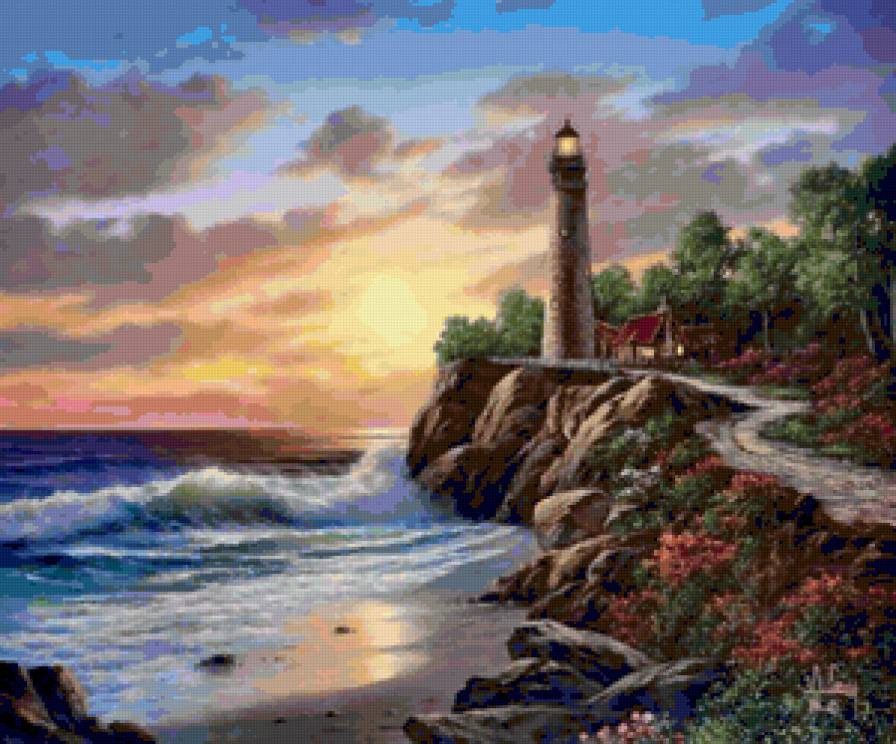 Маяк - море, дом, вечер, берег, закат, природа, окраина, обрыв, маяк - предпросмотр