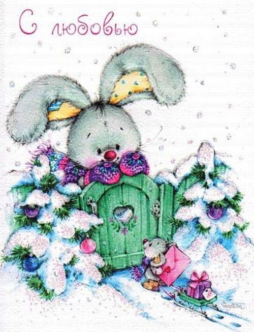 Новогодняя - зайчонок, мышка, открытки, для детей, новый год, зайчик, снег - оригинал