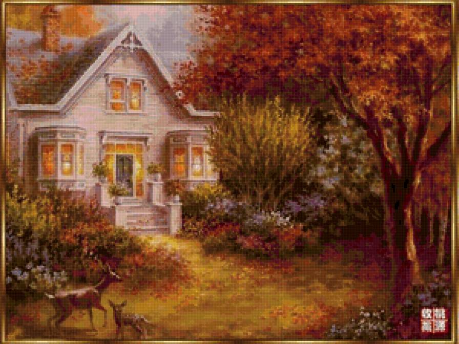 Загородный дом - живопись, животные, дом, пейзаж - предпросмотр