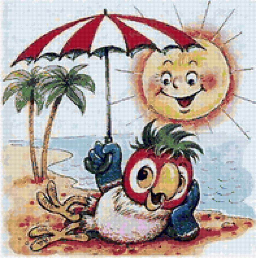 Кеша - кеша, птица, попугай, курорт, море, солнце, мультфильм, зонт, детское - предпросмотр