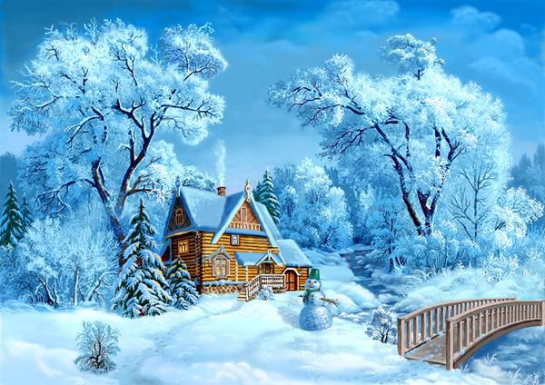 домик в зимнем лесу - зима, домик, река, картина, пейзаж, лес - оригинал