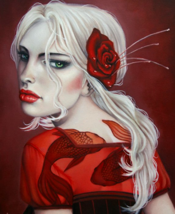 Женский образ - женщина, роза, лицо, цветок, живопись, волосы, портрет - оригинал