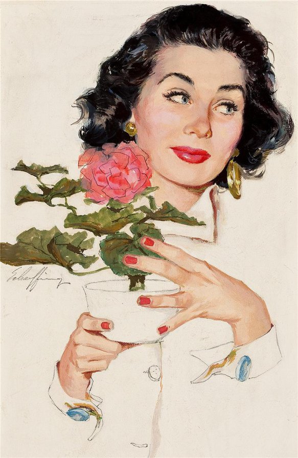 Утро - цветок, женщина, чашка, портрет, роза, живопись, лицо - оригинал