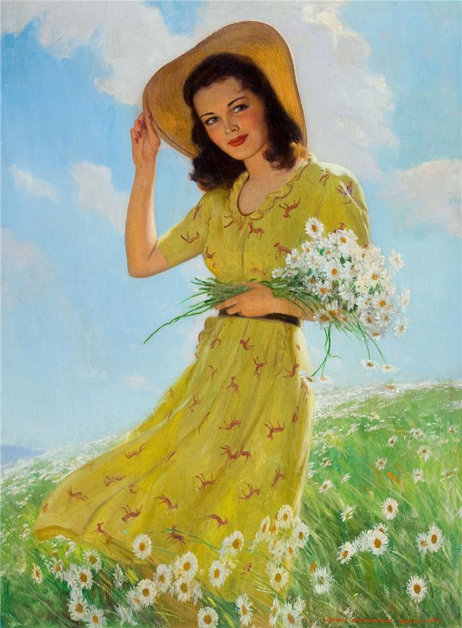 Лето - лето, цветы, портрет, женщина, лицо, шляпа, живопись, ромашкит - оригинал