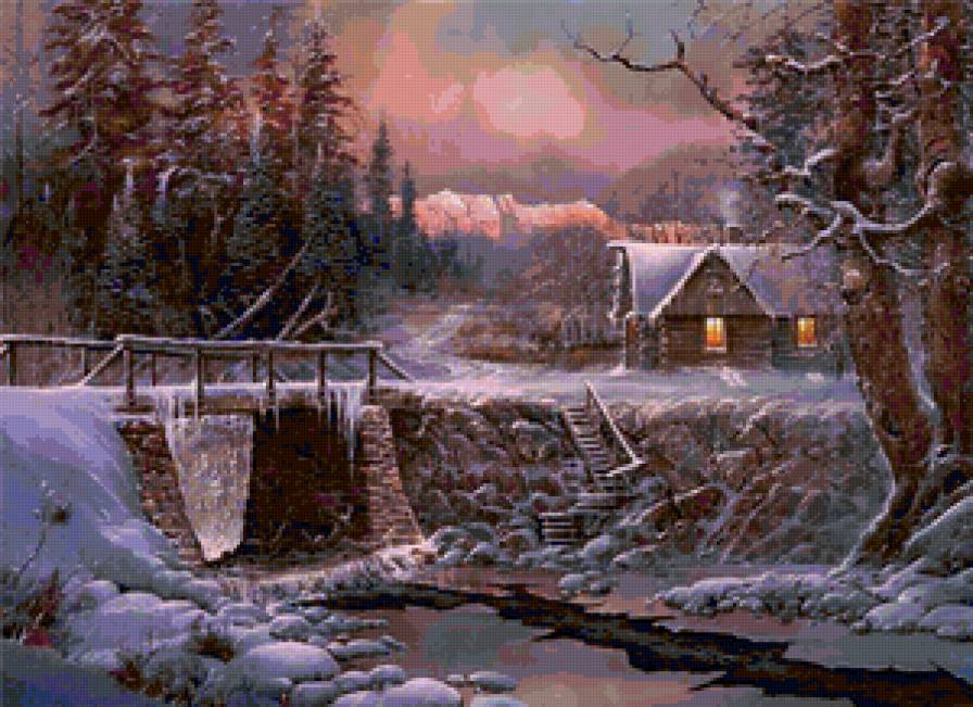 домик в зимнем лесу - картина, пейзаж, домик, река, лес, зима - предпросмотр