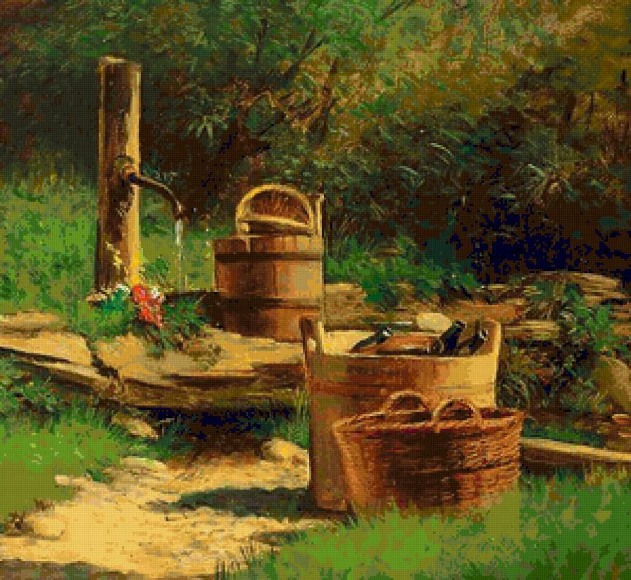 Колодец - ведра, природа, пейзаж, колодец, зеленое, деревня, вода - предпросмотр