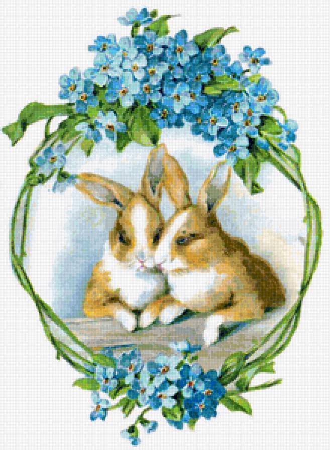 Кролики - зайчики, голубое, зверюшки, кролики, животные, цветы, корзина - предпросмотр