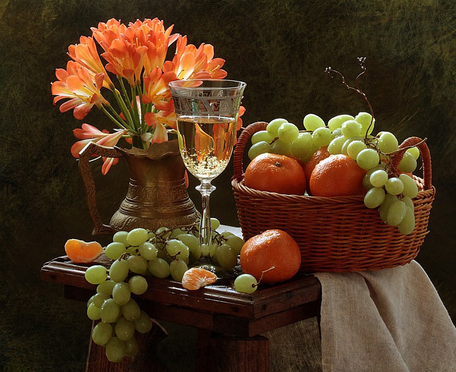 Натюрморт - мандарины, вино, натюрморт, корзина, виноград, цветы - оригинал