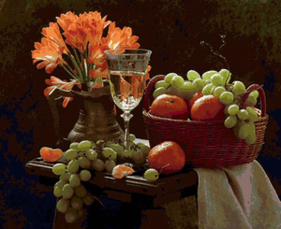 Натюрморт - цветы, виноград, мандарины, корзина, натюрморт, вино - предпросмотр