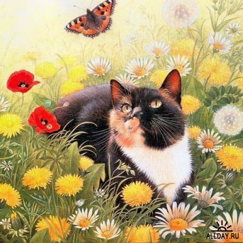 Кошка и бабочка - животные, коты, природа - оригинал