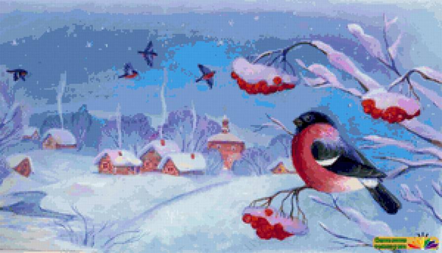 Снегирь - рябина, дом, снегирь, снег, птицы, зимний пейзаж, птички, зима, домик - предпросмотр