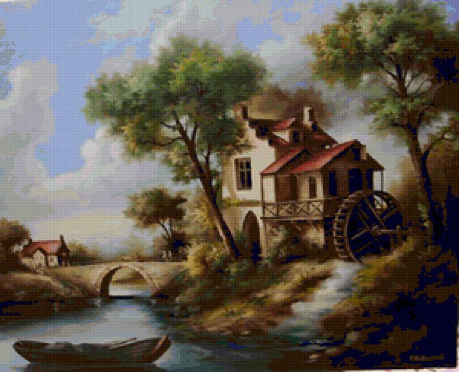 Пейзаж - мост, природа, берег, речка, домик, пейзаж, дом, лодка, вода - предпросмотр