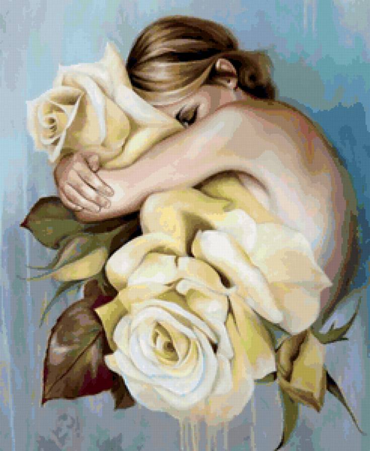 Красота женщины - розы, живопись, красота женщины, девушка, картина, цветы - предпросмотр