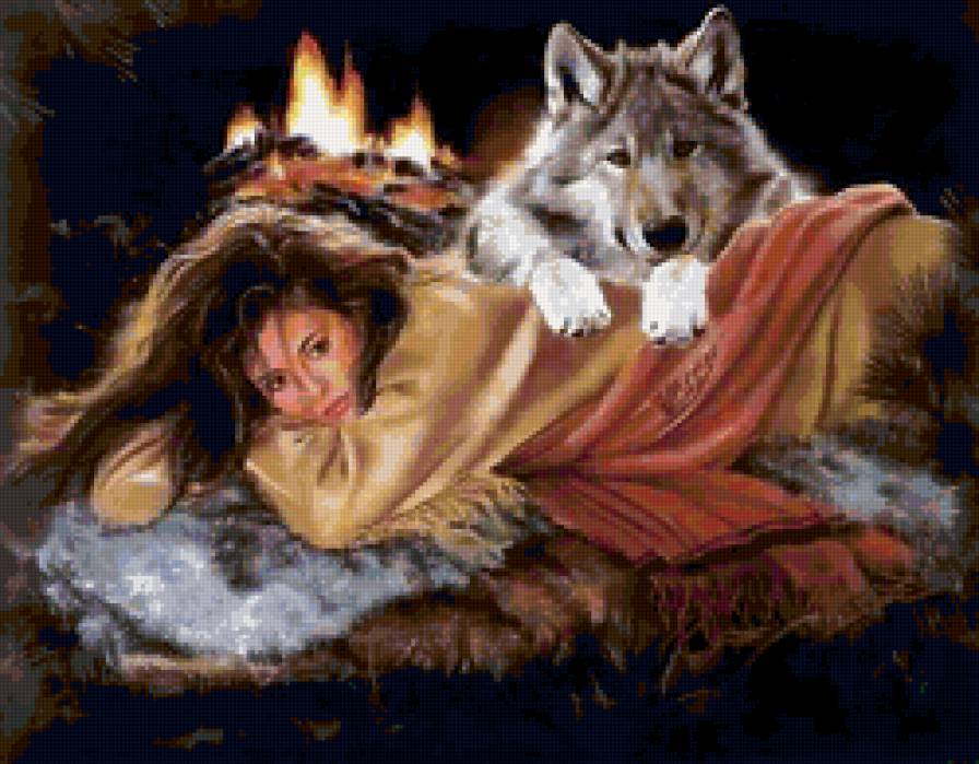 Волк - ночь, индейцы, девушка, огонь - предпросмотр