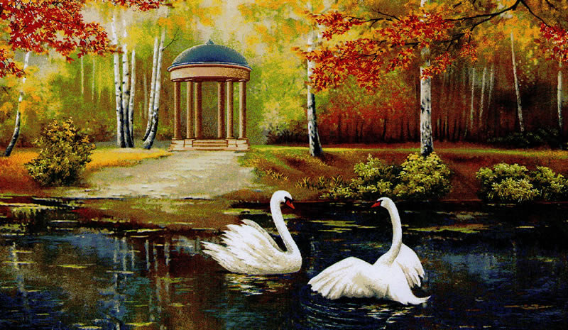 беседка у озера - беседка, пейзаж, лебеди - оригинал