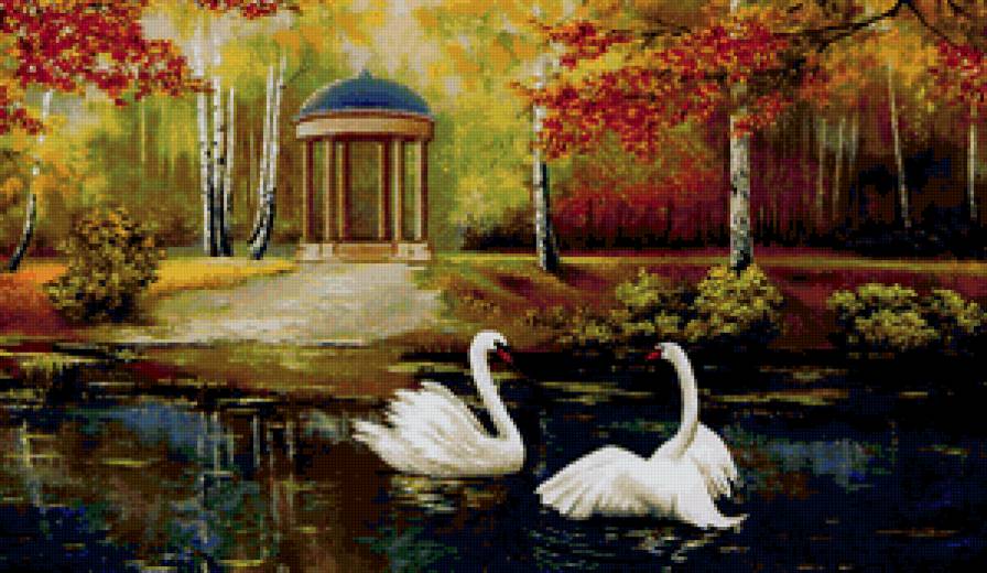 беседка у озера - пейзаж, лебеди, беседка - предпросмотр