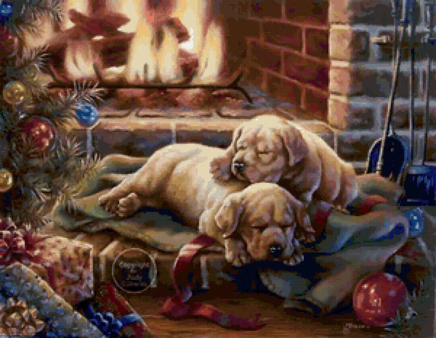 у камина - новогоднее, животные, рождество, собаки - предпросмотр