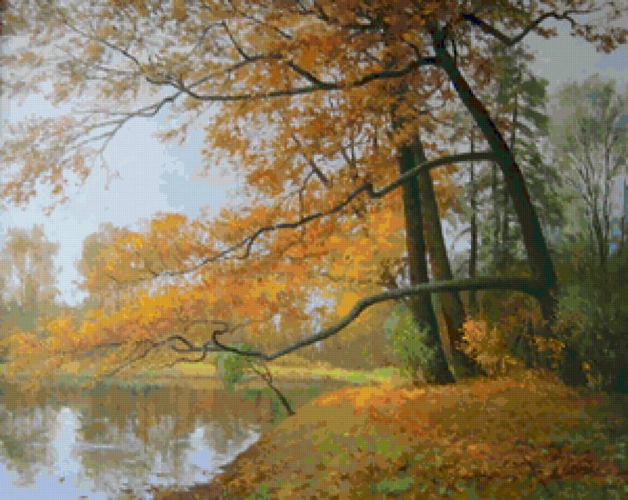 Осенний пейзаж - берег, деревья, желтое, озеро, вода, осень, осенний пейзаж - предпросмотр