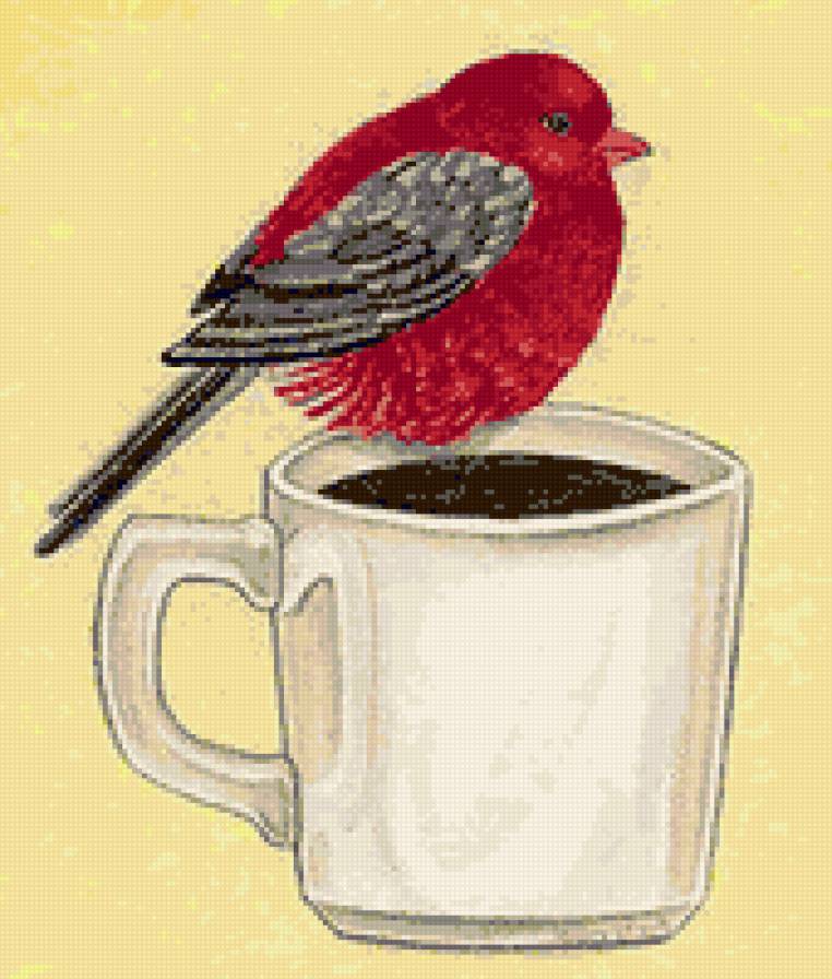 Птичка, любящая кофе - птица, кофе, для кухни, птичка, птицы, чашка, посуда, панно - предпросмотр