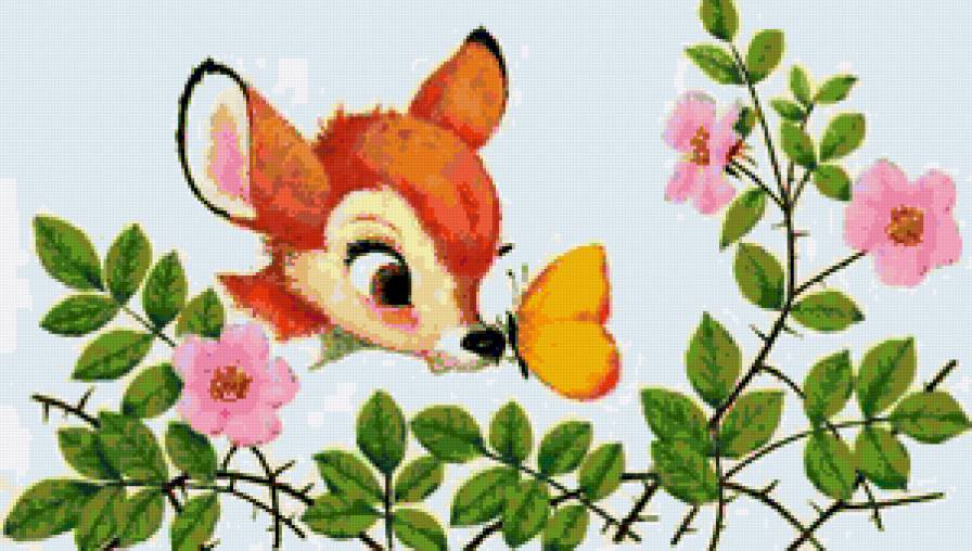 Оленёнок и бабочка - листики, бабочка, цветы, олененок, детская картина, для детей - предпросмотр