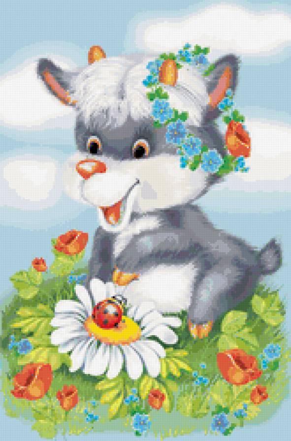 Козленок - цветы, открытка, мультяшки, животные - предпросмотр