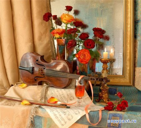 натюрморт - скрипка, натюрморт, цветы - оригинал