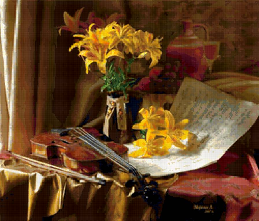 натюрморт - цветы, лилии, скрипка, натюрморт - предпросмотр