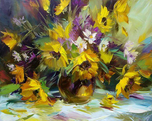 букет подсолнухов - подсолнухи, букет, акварель, цветы - оригинал