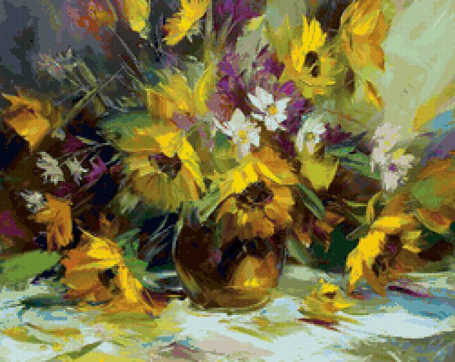 букет подсолнухов - цветы, акварель, подсолнухи, букет - предпросмотр
