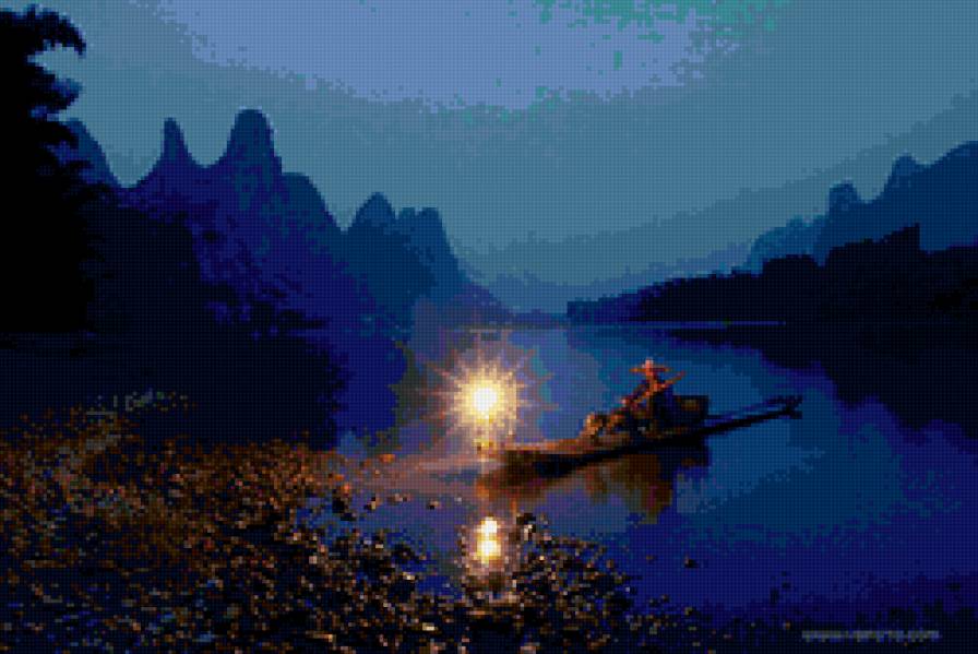 Рыбак - ночь, река, природа, пейзаж, вода, лодка - предпросмотр