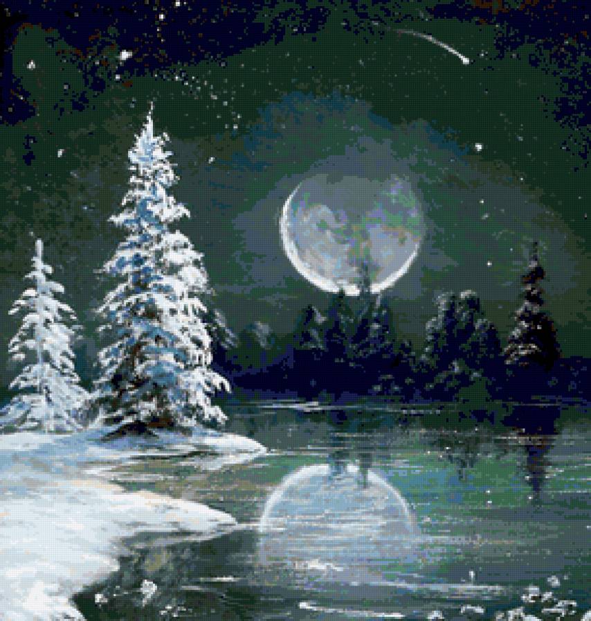 Зимнияя ночь - луна, зима, пейзаж, лес, природа, река, ночь, звезды - предпросмотр