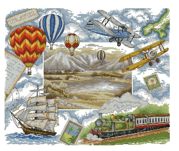 Коллаж - самолет, корабль, шар, коллаж, карта, пейзаж, поезд - оригинал