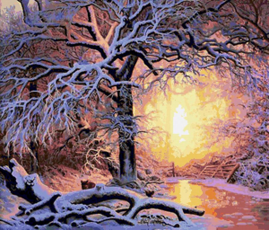 Зимний закат - река, лес, природа, ночь, зима, пейзаж, звезды, закат - предпросмотр