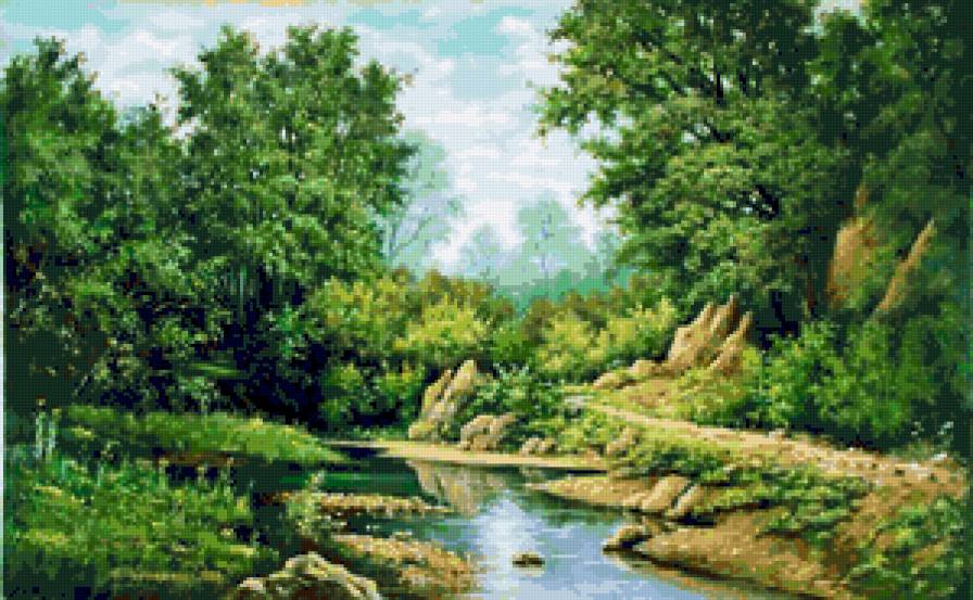 Лесная река - березка, река, пейзаж, природа, красота природы, лес, сосны - предпросмотр