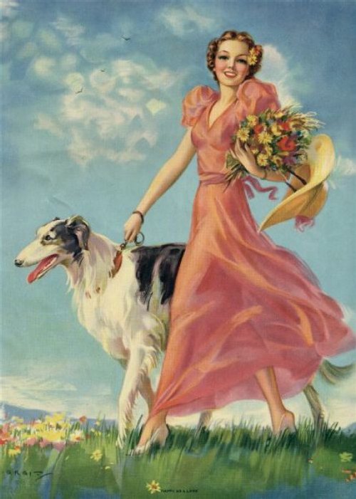 На прогулке - живопись, пейзаж, девушка, собака - оригинал